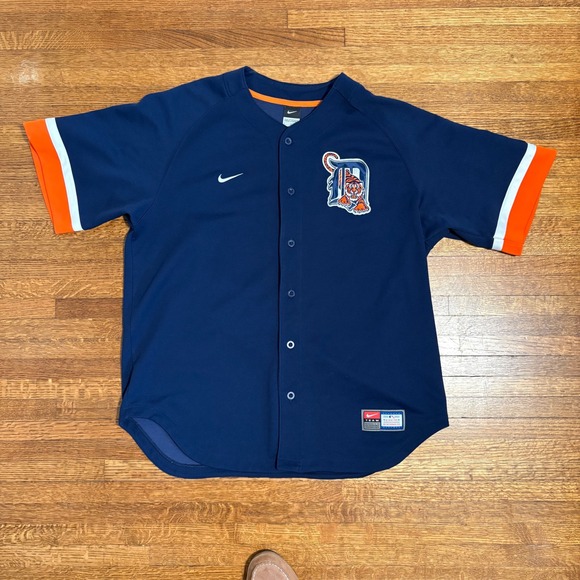 Nike Detroit Tigers MLB Baseball Jersey Large Orange Trim Navy Blue - Picture 1 of 10